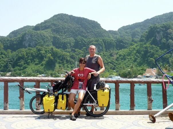 Natt Opasanon and her husband on their tandem touring bicycle, featured in 'Thailand Honeymoon on a Bicycle Built for Two' on Bicycle Thailand