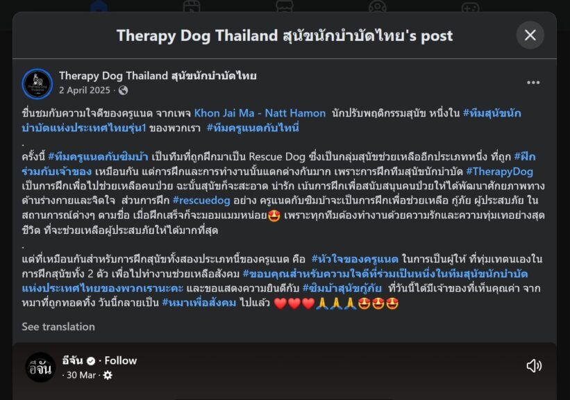 นัท ฮามอน เปรียบเทียบสุนัขบำบัดกับสุนัขกู้ภัย ในบทความจากเว็บไซต์คนใจมา (Khon Jai Ma)